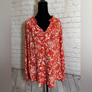 Alex & Jordan orange and white floral button down blouse size L